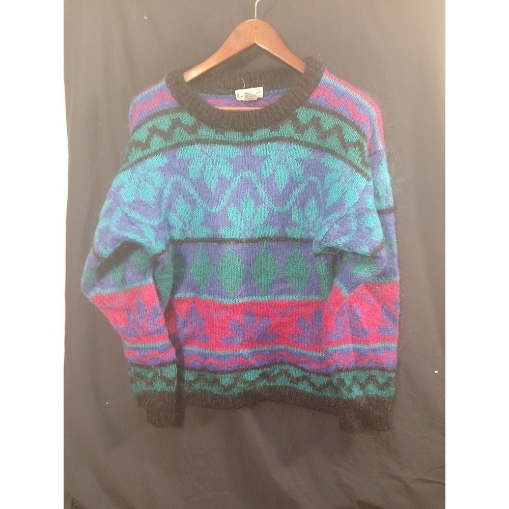 Gallagher Sweater Large Crew Neck Striped Vintage 1990s Retro Mohair Blend Ski
